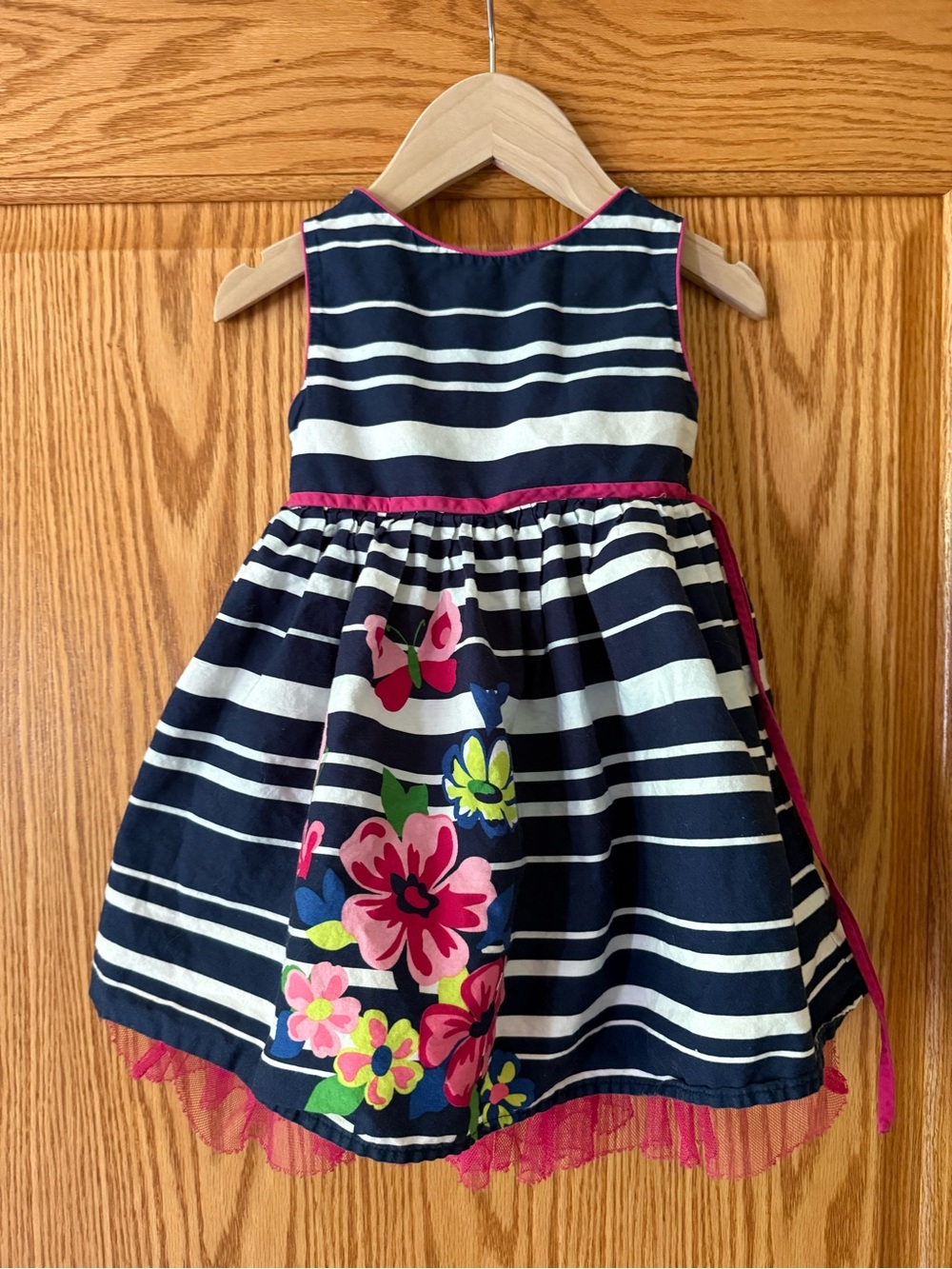 Youngland Navy and White Striped Floral Dress with Pink Trim